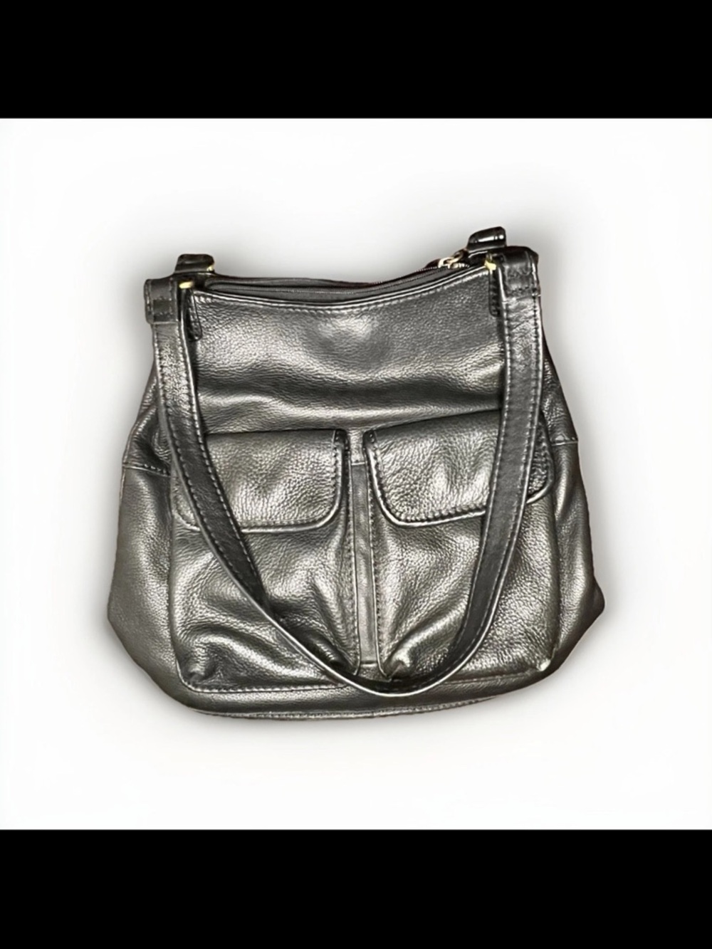 FOSSIL 75082 Black Leather Shoulder Bag Double Strap Handbag Purse Vintage 80s